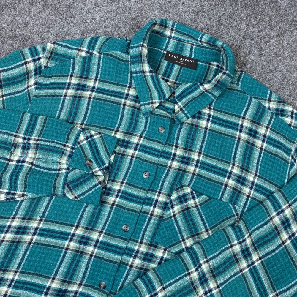 Lane Bryant Teal Green Plaid Waffle Button Down Shirt Womens Plus Size 14/16